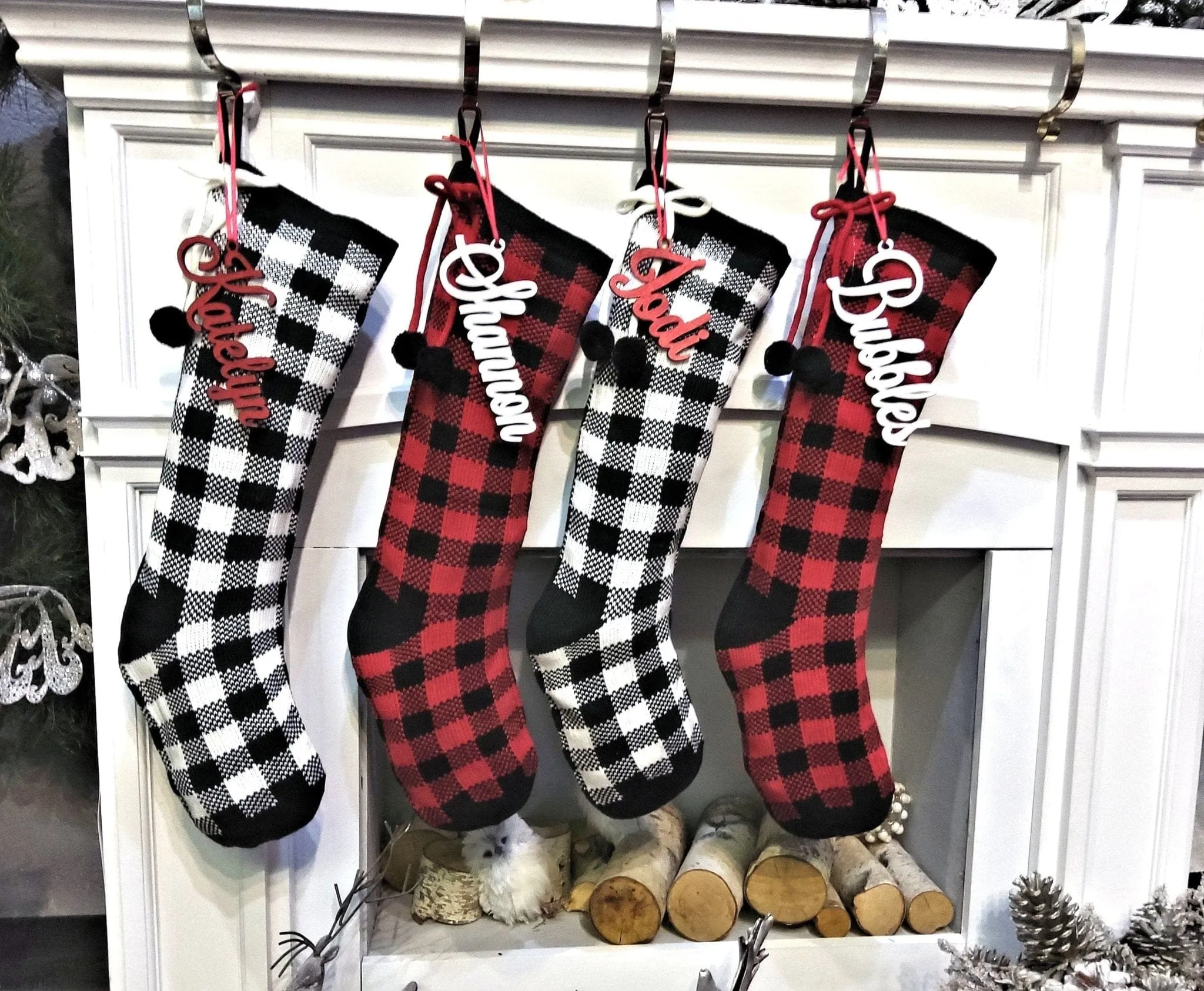 Classy Knit Buffalo Check Plaid Red Black White Farmhouse Adult Personalized Christmas Stockings Family Xmas Knit Decor