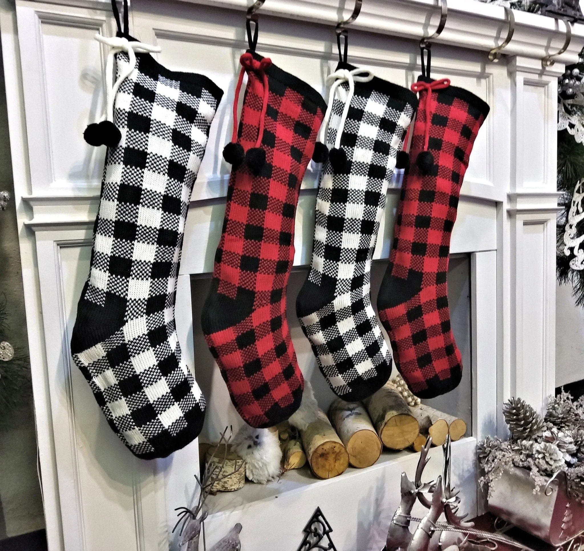 Classy Knit Buffalo Check Plaid Red Black White Farmhouse Adult Personalized Christmas Stockings Family Xmas Knit Decor