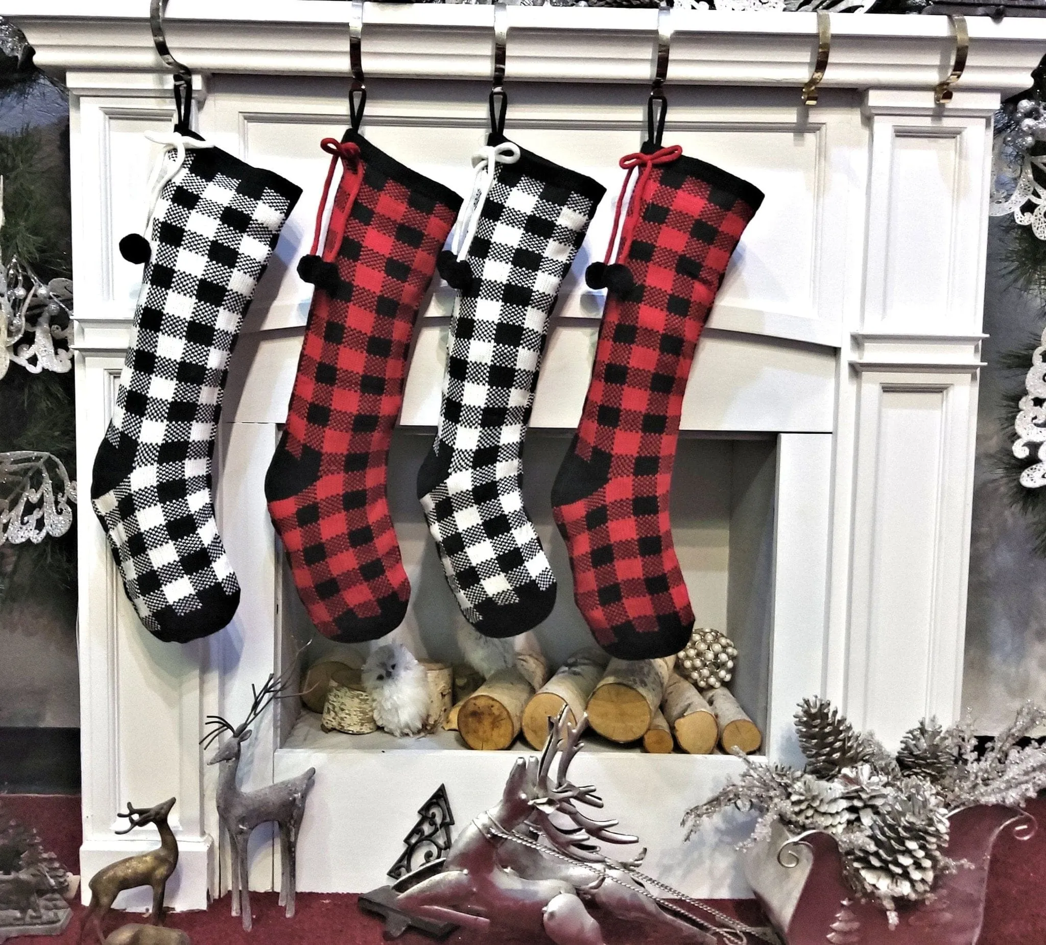 Classy Knit Buffalo Check Plaid Red Black White Farmhouse Adult Personalized Christmas Stockings Family Xmas Knit Decor