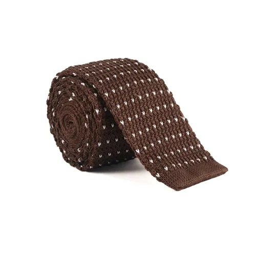 Classy Men Brown White Dot Square Knit Tie