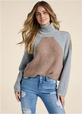 Color Block Turtleneck Sweater  - Grey Multi