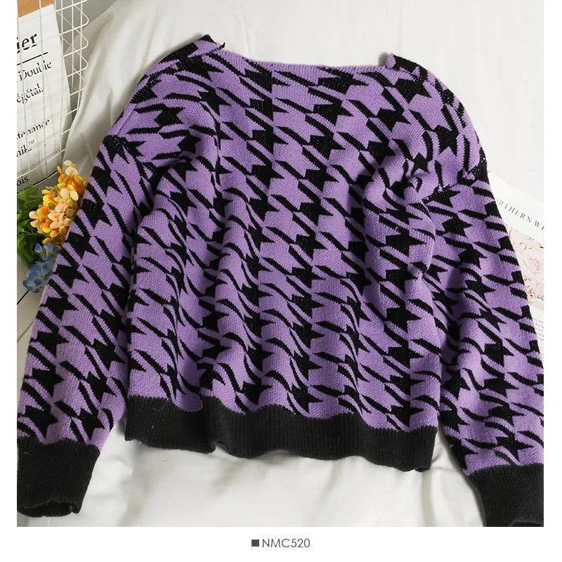 Color matching taro purple thousand bird check V-neck cardigan sweater  2032