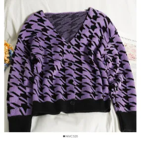 Color matching taro purple thousand bird check V-neck cardigan sweater  2032