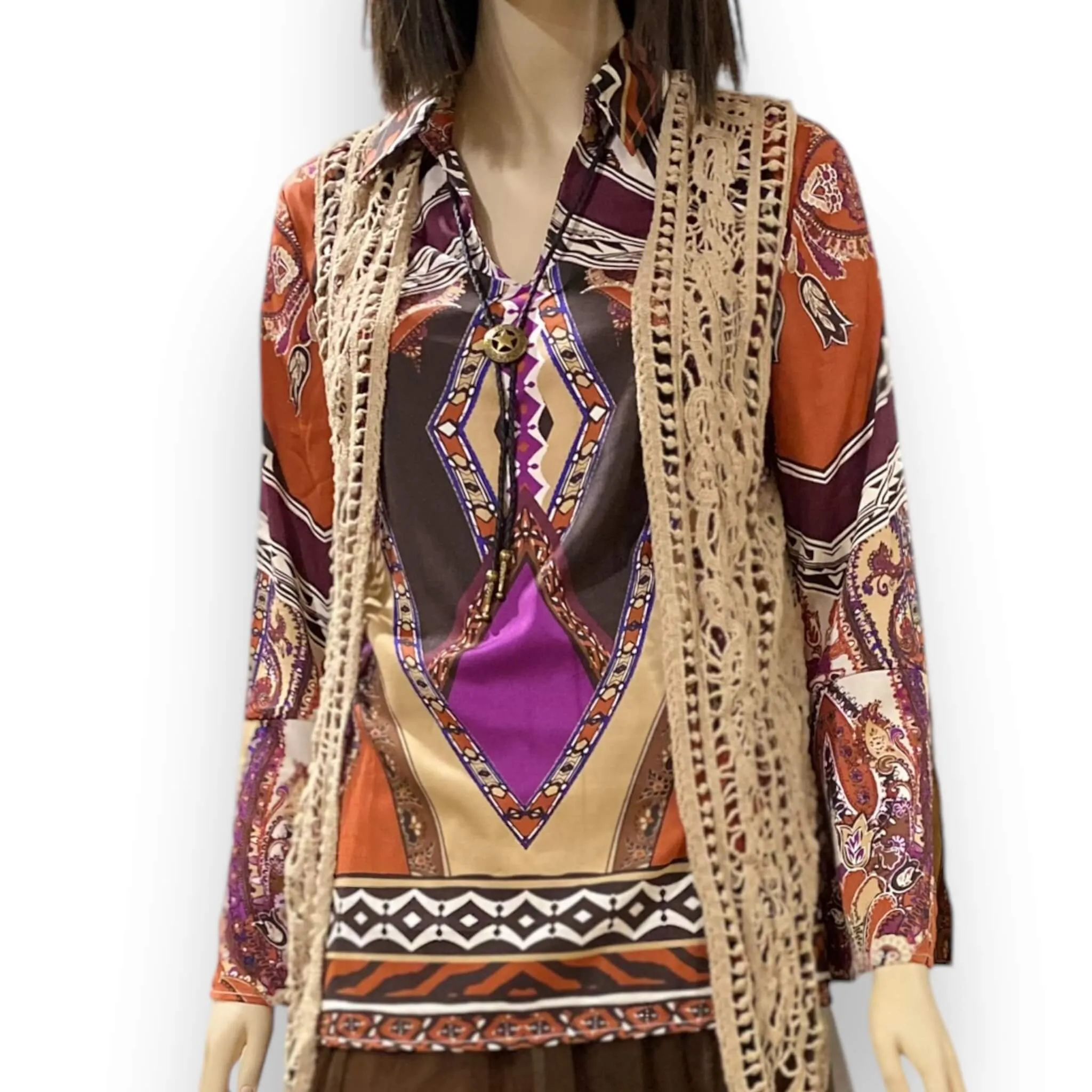 Colorful Western V Neck Split Sleeve Tunic