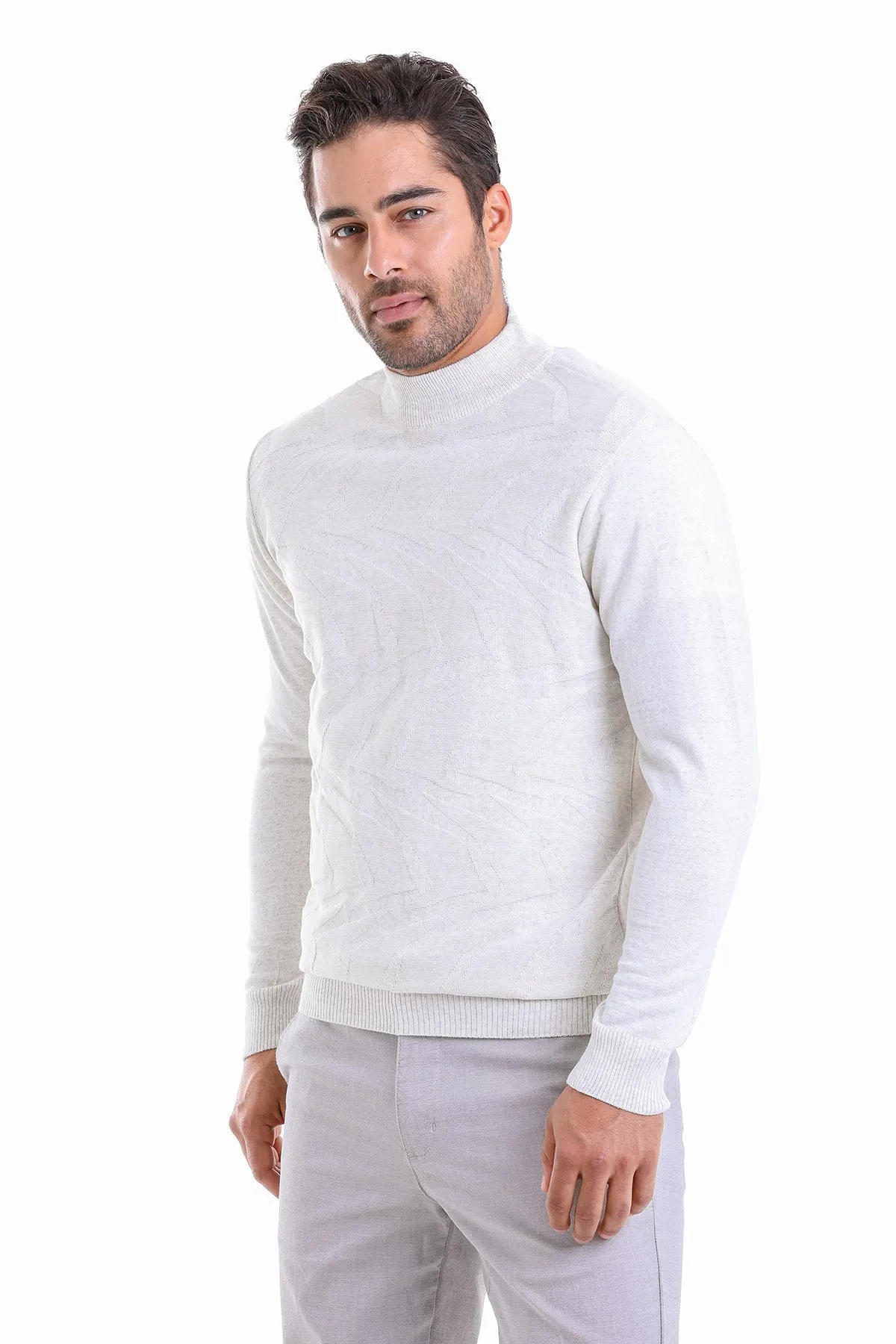 Comfort Fit Patterned Wool Blend White Mock Neck Sweater