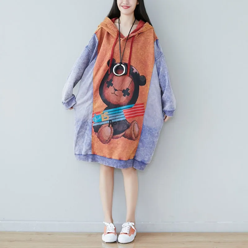 Contrast Cartoon Print Hooded Knitted Denim Dress