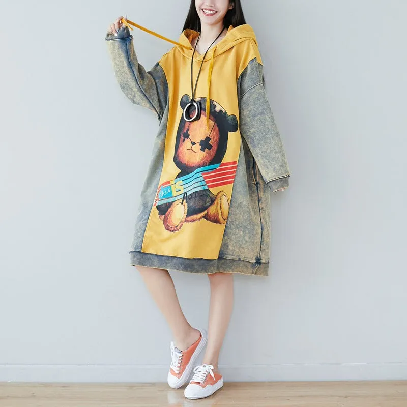 Contrast Cartoon Print Hooded Knitted Denim Dress