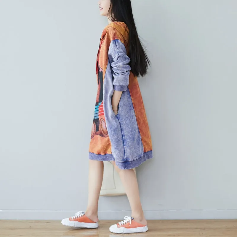 Contrast Cartoon Print Hooded Knitted Denim Dress