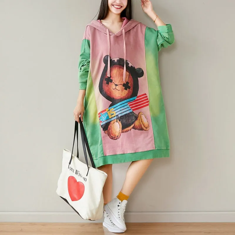 Contrast Cartoon Print Hooded Knitted Denim Dress