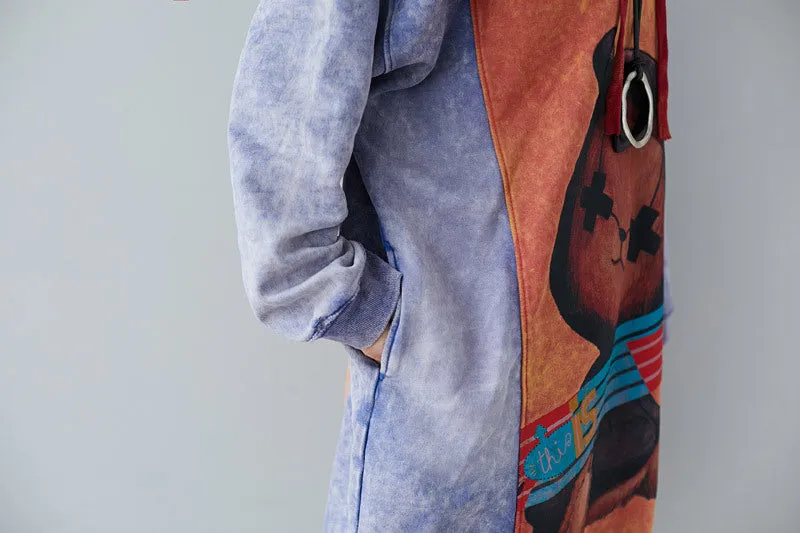 Contrast Cartoon Print Hooded Knitted Denim Dress