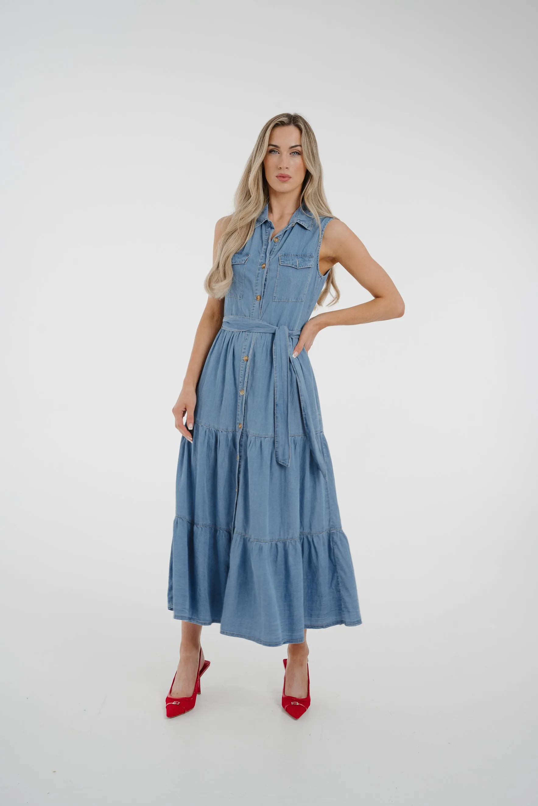 Cora Tiered Denim Dress In Light Wash