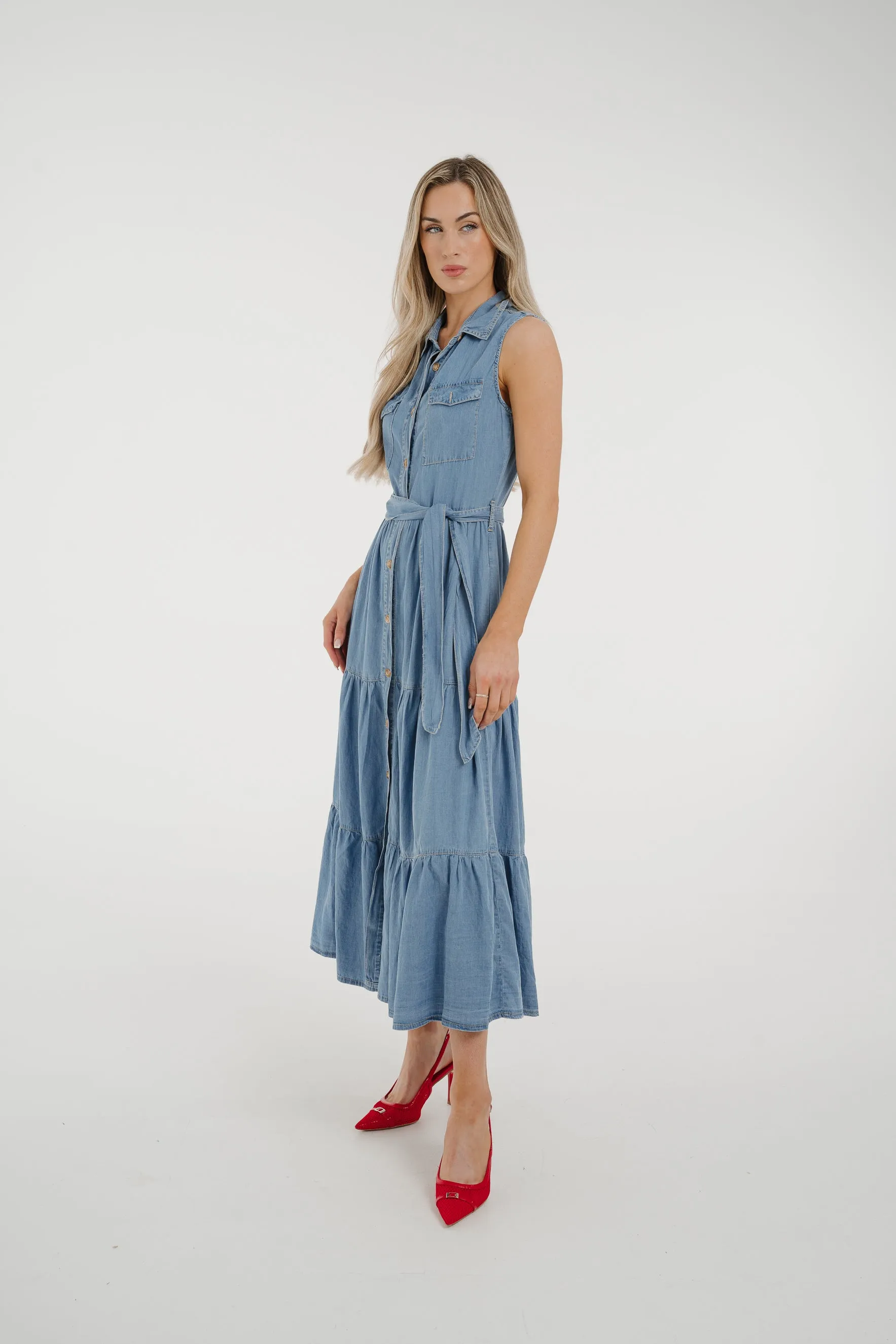 Cora Tiered Denim Dress In Light Wash