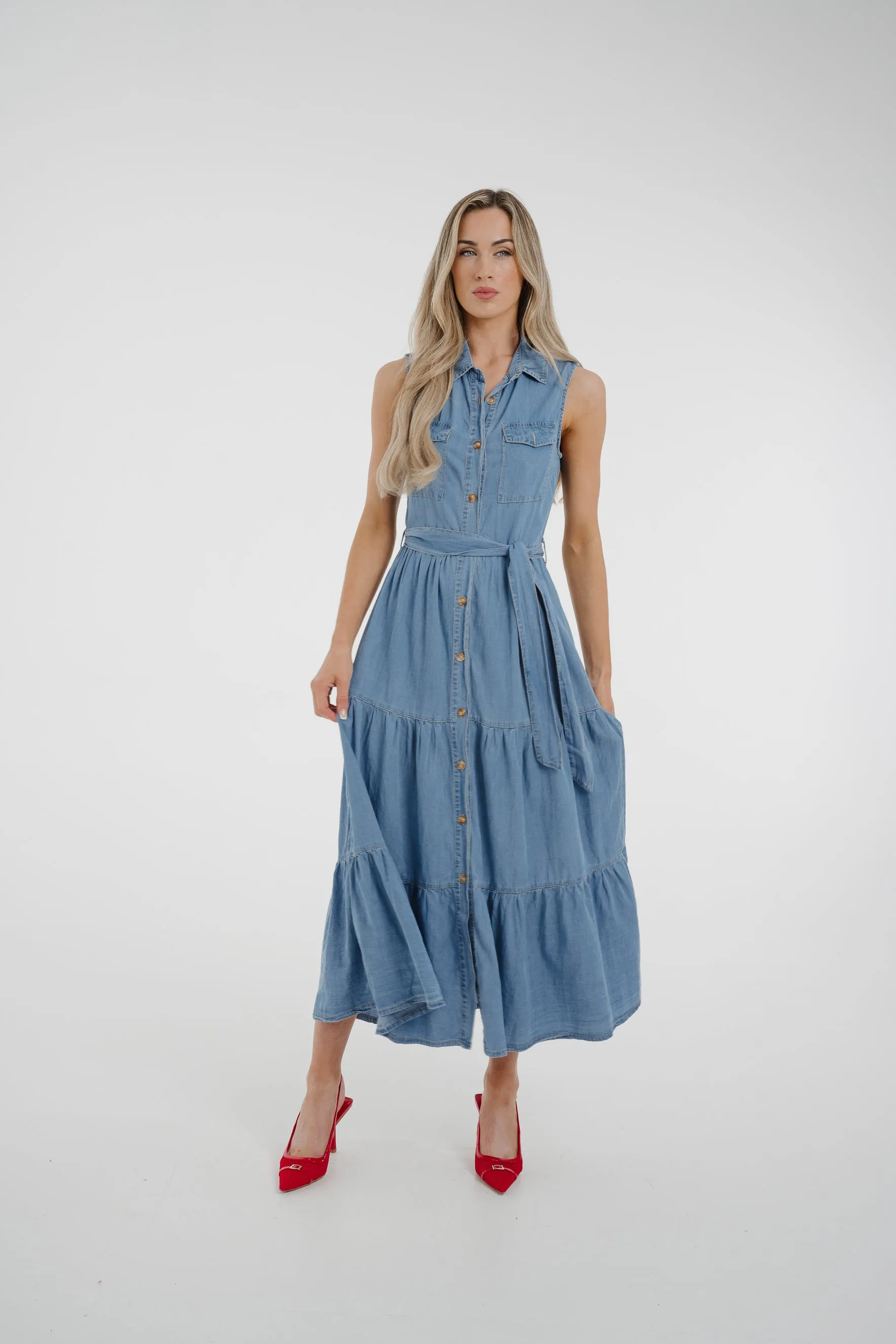 Cora Tiered Denim Dress In Light Wash