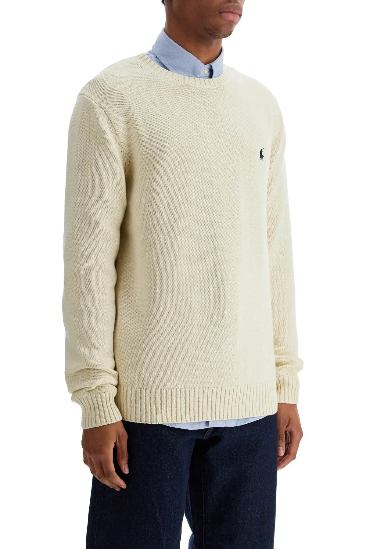 CREAM COTTON SWEATER WITH EMBROIDERED LOGO