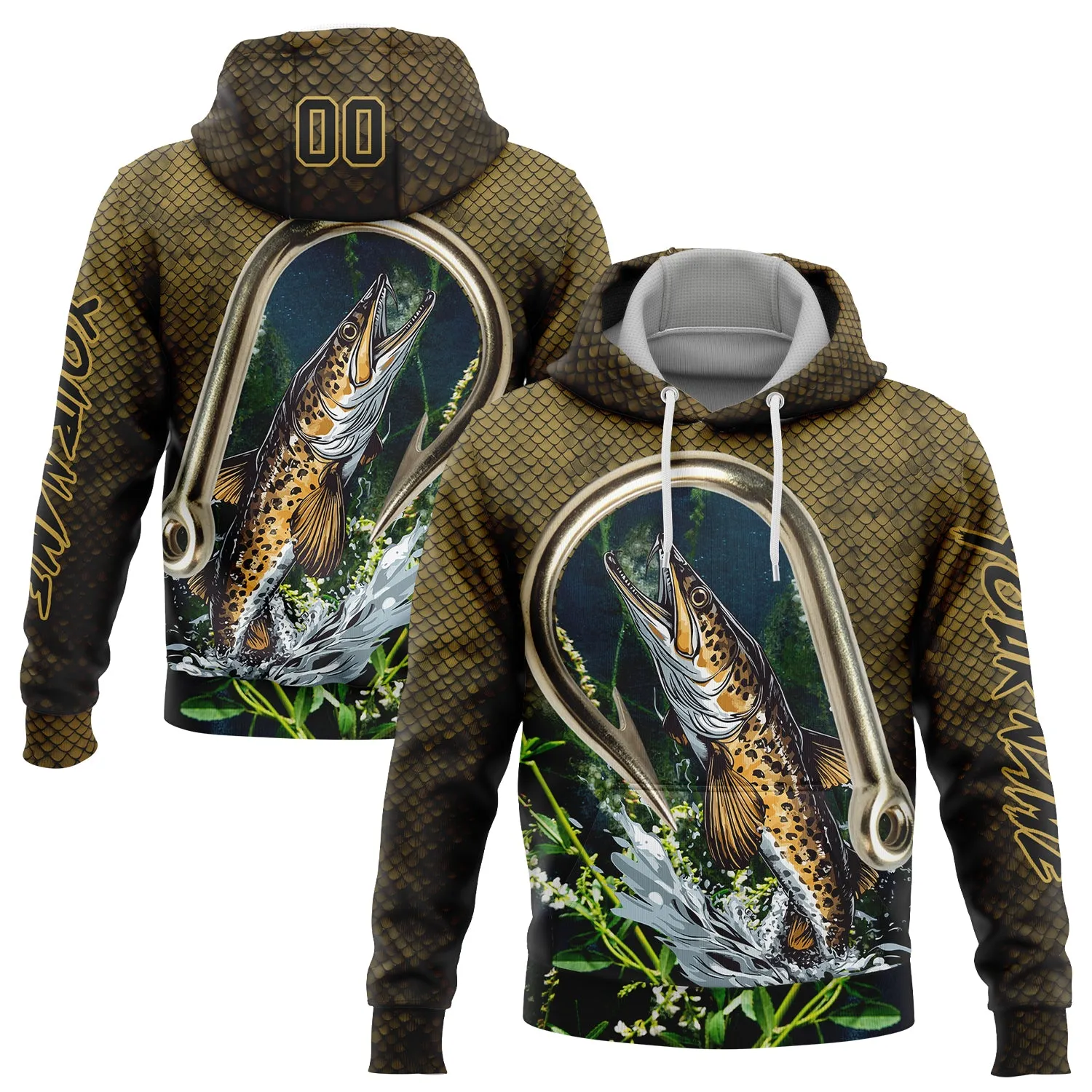 Custom Stitched Old Gold Black 3D Walleye Fish Fishing Sports Pullover Sweatshirt Hoodie