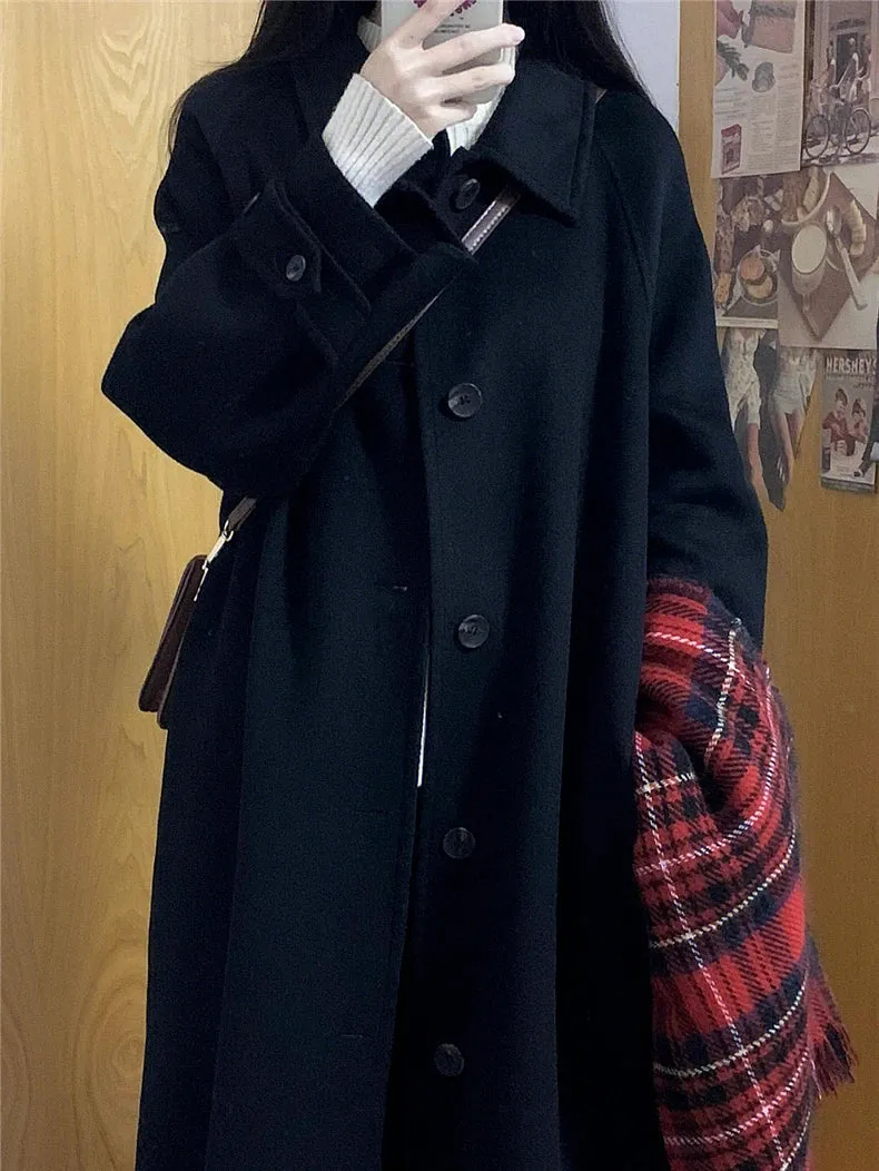 Dark Blue Long Woolen Coat With Big Buttons And Collar