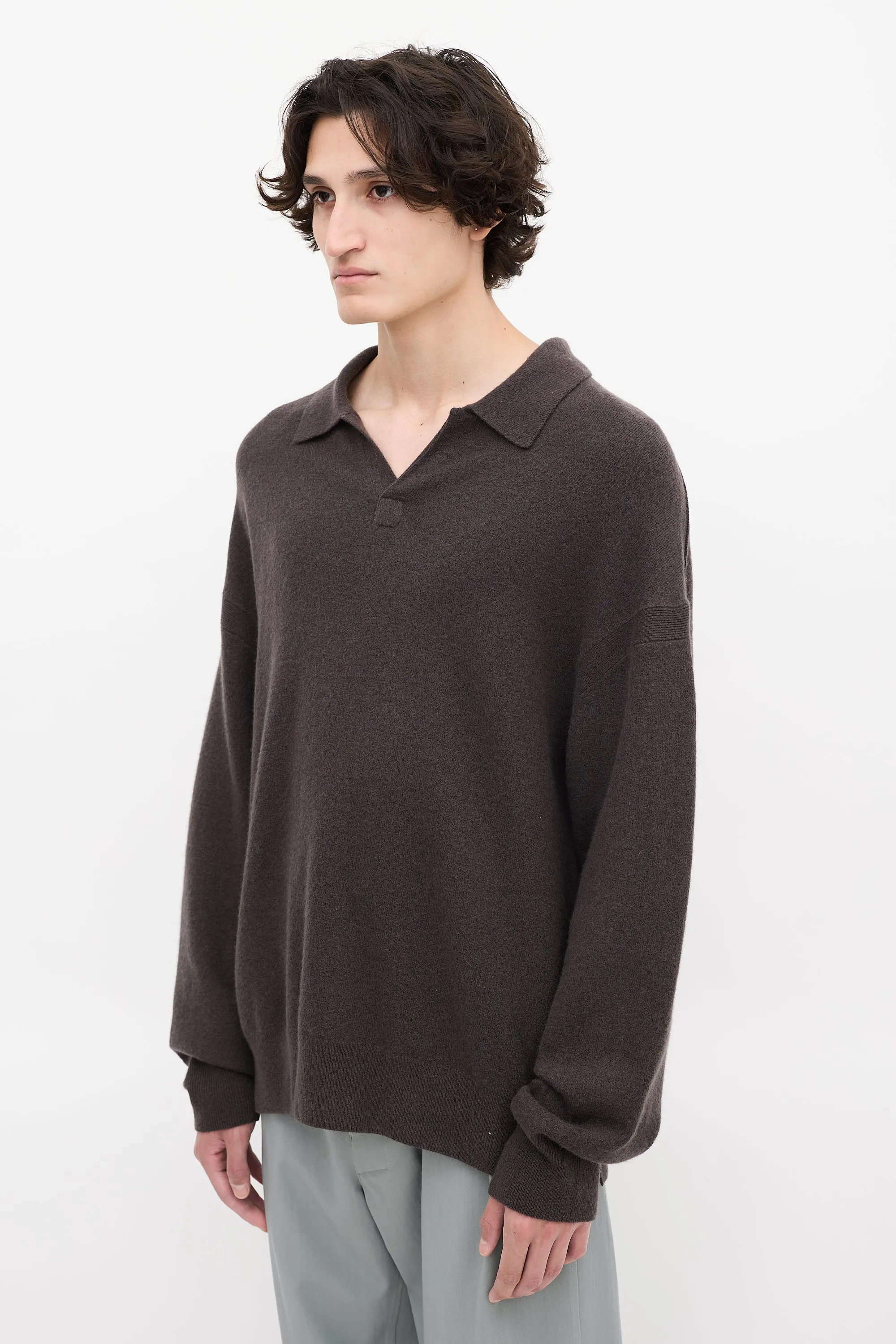 Dark Brown Wool Anson Polo Sweater