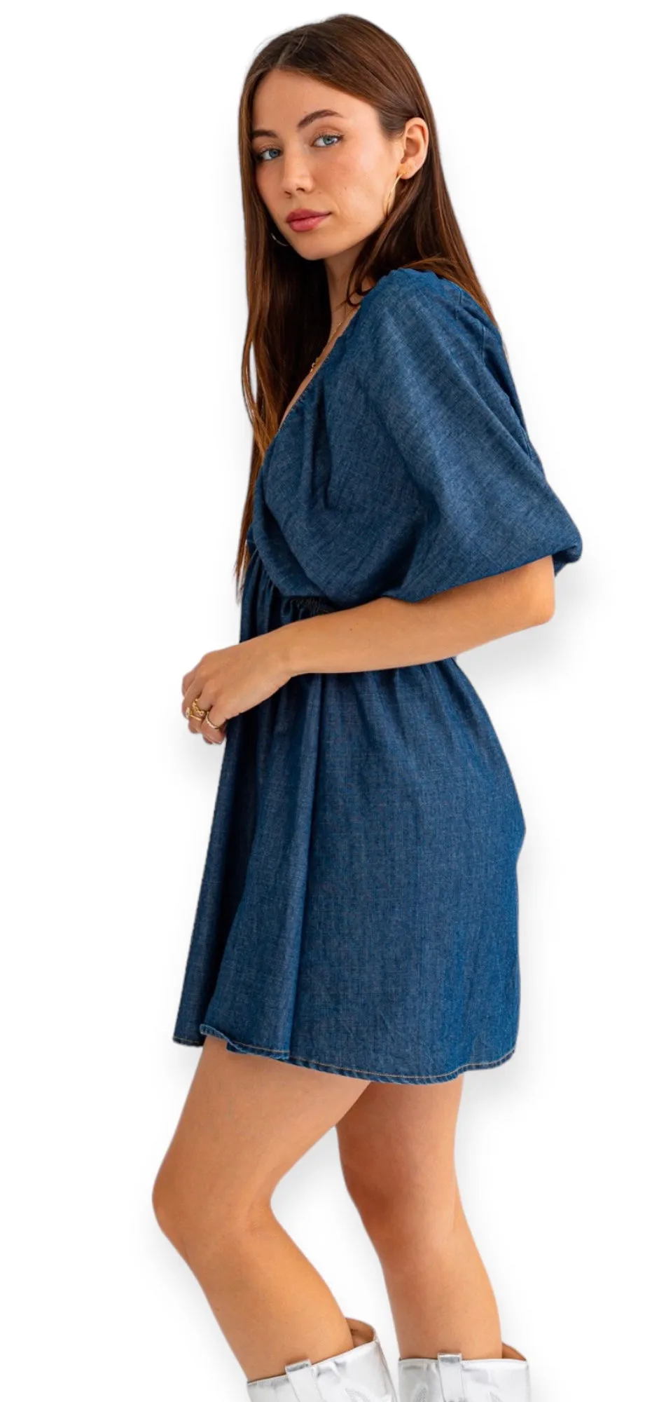 Denim Blue Empire Waist Bubble Sleeve Dress