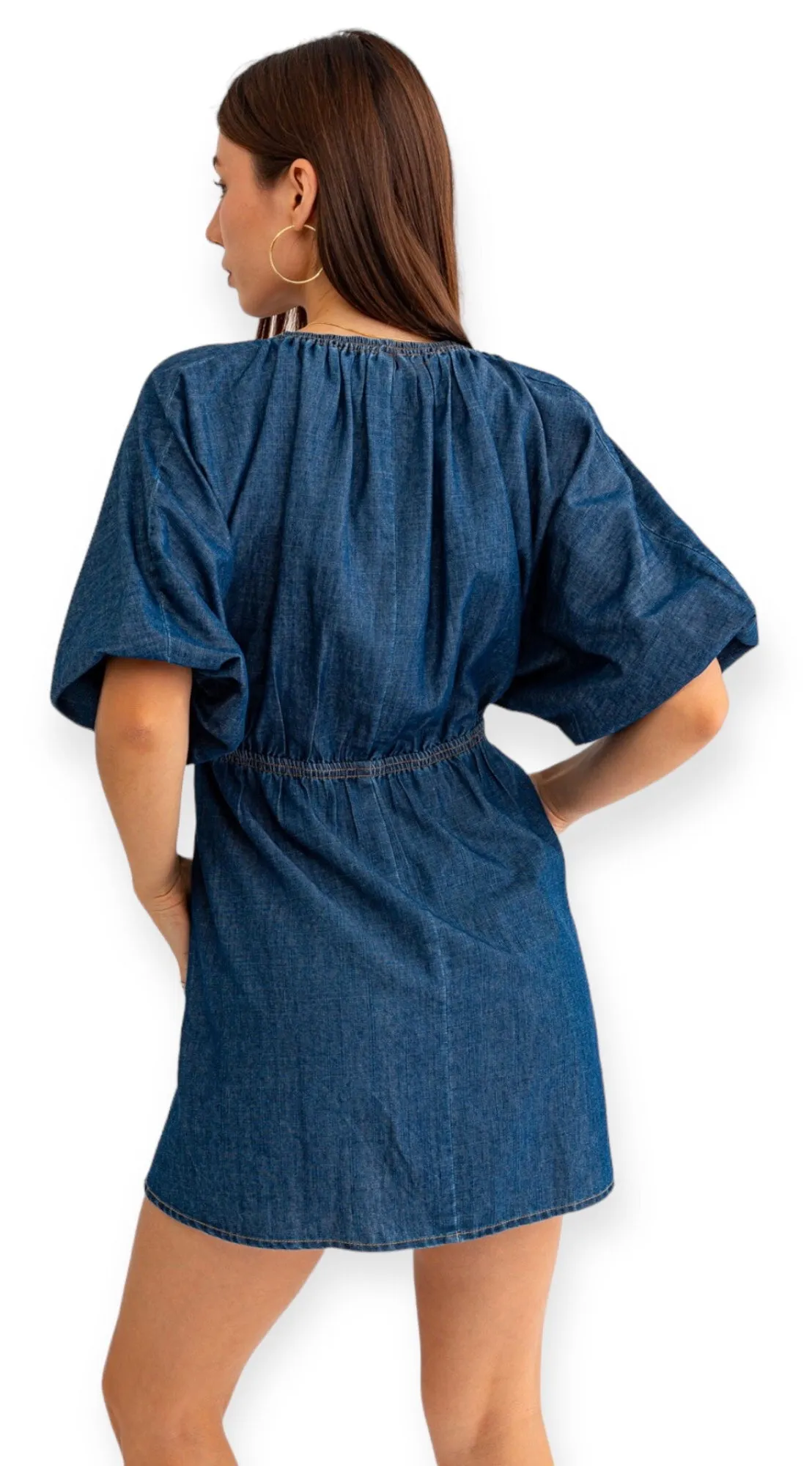 Denim Blue Empire Waist Bubble Sleeve Dress