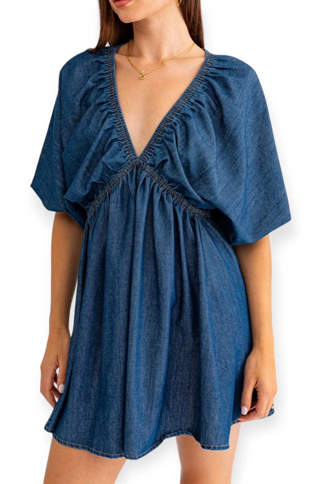 Denim Blue Empire Waist Bubble Sleeve Dress