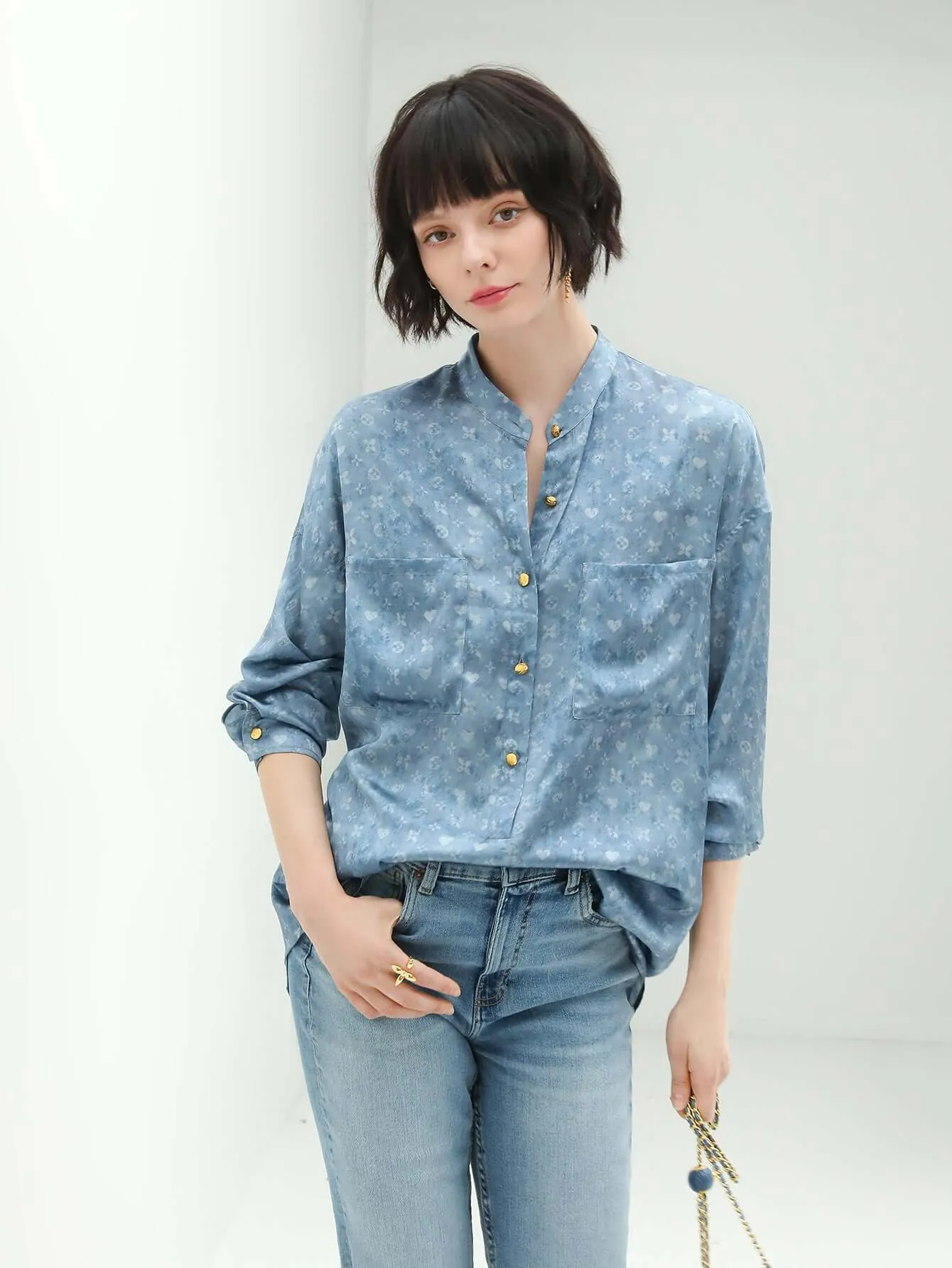 Denim Blue Monogram Silk Satin Shirt