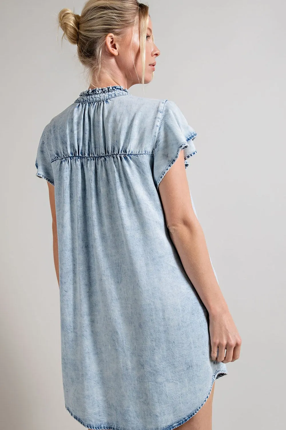 Denim button down ruffle trim mini dress