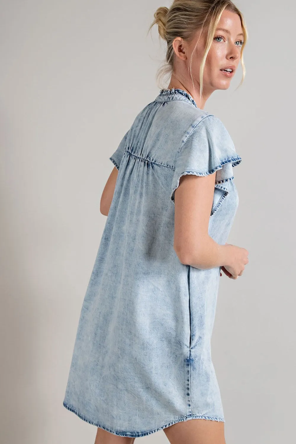 Denim button down ruffle trim mini dress