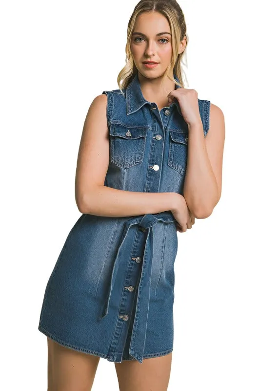 Denim Strapless Dress with Waist Tie