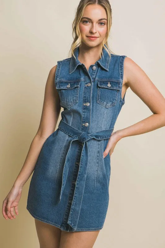 Denim Strapless Dress with Waist Tie