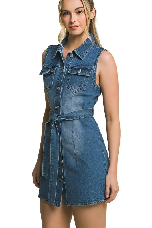 Denim Strapless Dress with Waist Tie