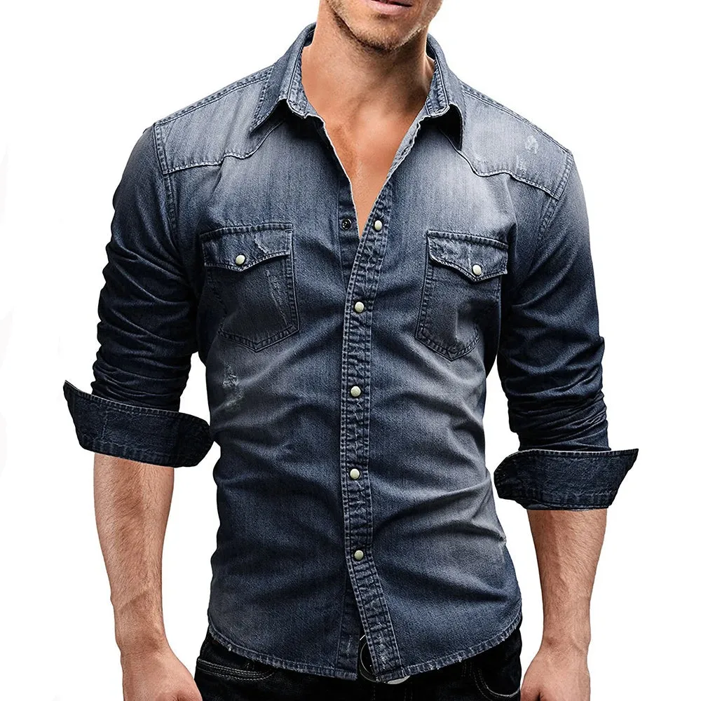 Denim TShirt Men Cotton TShirt Slim Long Sleeve Cowboy Shirt