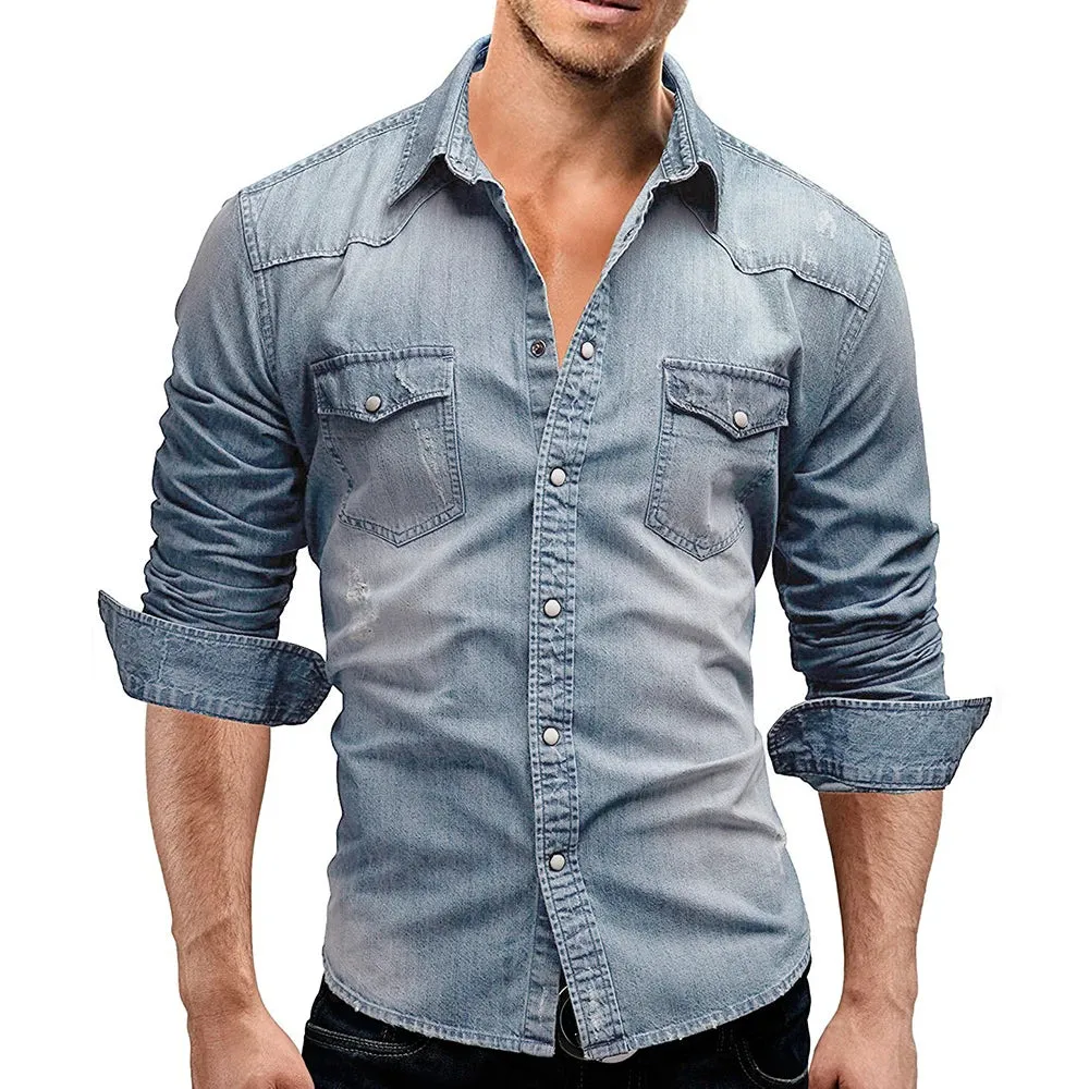 Denim TShirt Men Cotton TShirt Slim Long Sleeve Cowboy Shirt