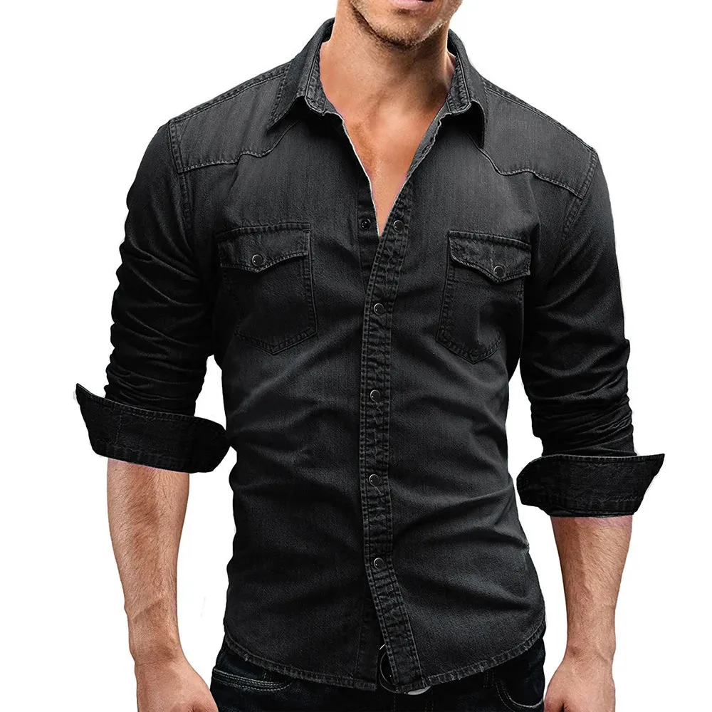 Denim TShirt Men Cotton TShirt Slim Long Sleeve Cowboy Shirt