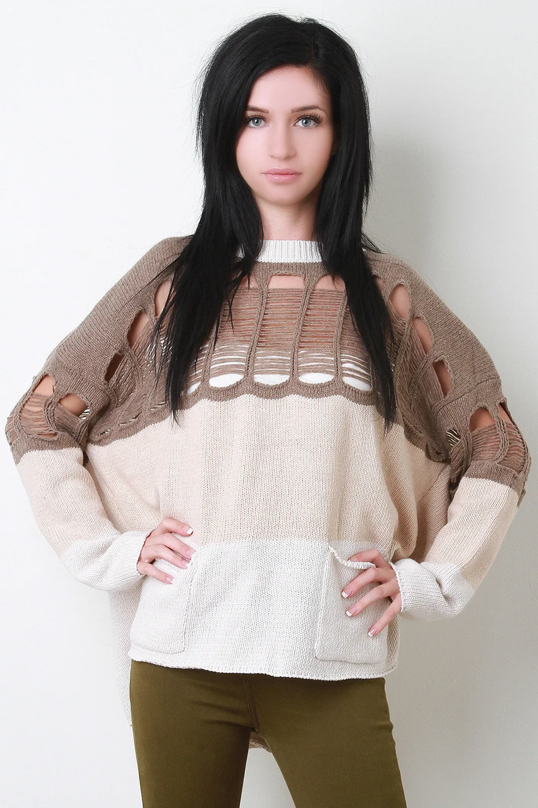 Distress Colorblock Knit Sweater