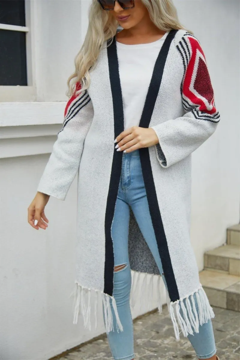 Double Take Geometric Fringe Duster Cardigan