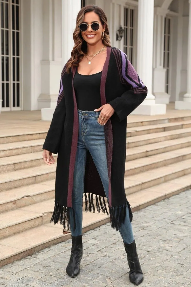 Double Take Geometric Fringe Duster Cardigan