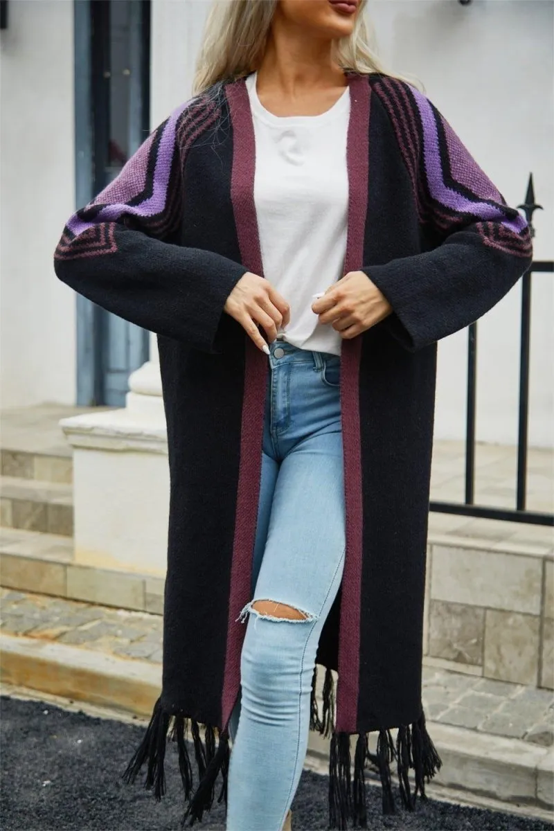 Double Take Geometric Fringe Duster Cardigan