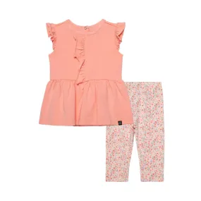 DPD Organic Cotton Printed Tunic & Leggings Set Peach & Pink Little Flowers