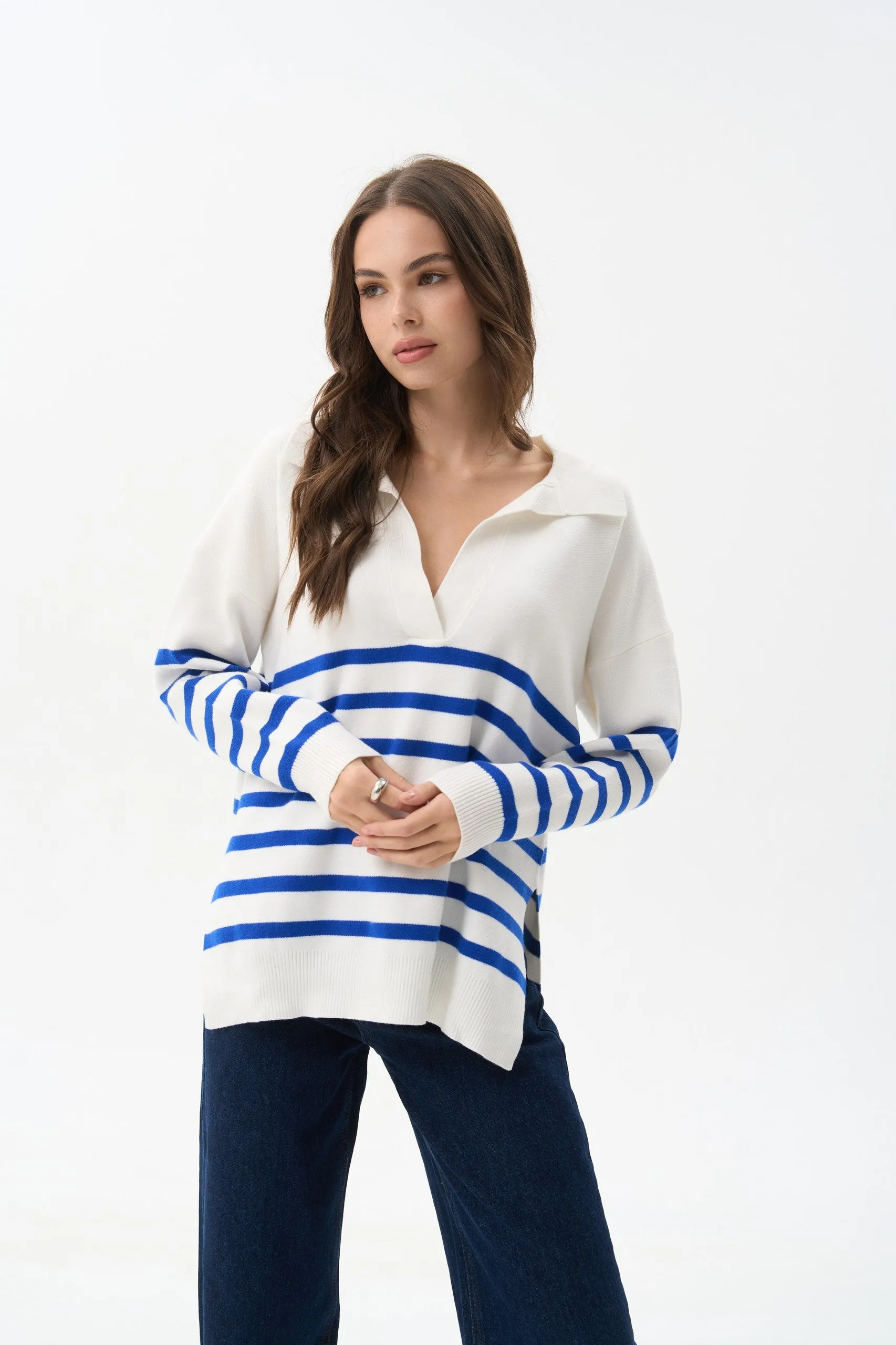 Electric Blue Striped Polo Sweater