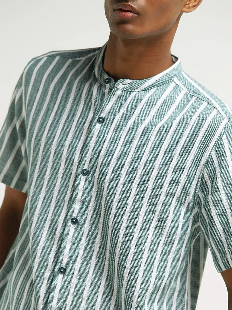 ETA Dark Teal Striped Embroidered Cotton Resort Fit Shirt