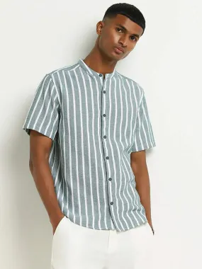 ETA Dark Teal Striped Embroidered Cotton Resort Fit Shirt