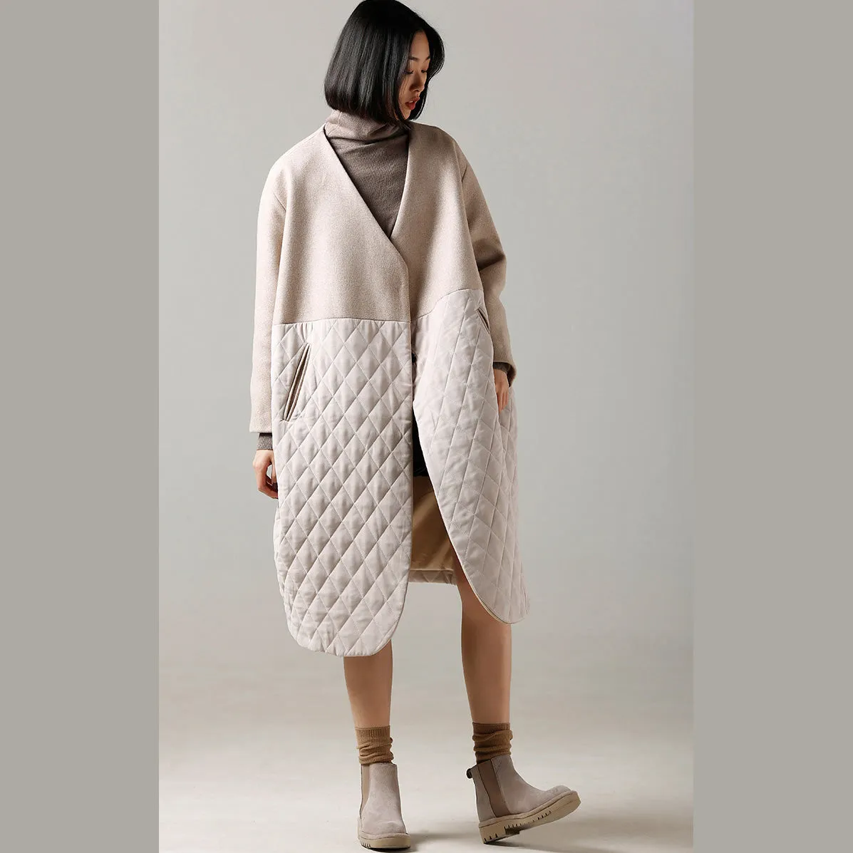 fashion beige Woolen Coat medium length patchwork v neck coat