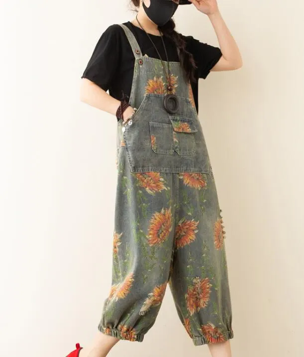 Floral Denim Loose Casual Summer Denim Overall Loose Women Jumpsuits QYCQ05165