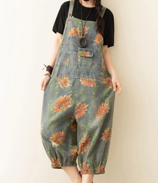 Floral Denim Loose Casual Summer Denim Overall Loose Women Jumpsuits QYCQ05165