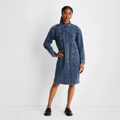 Future Collective with Reese Women's Long Sleeve Button-Up Denim Midi Dress