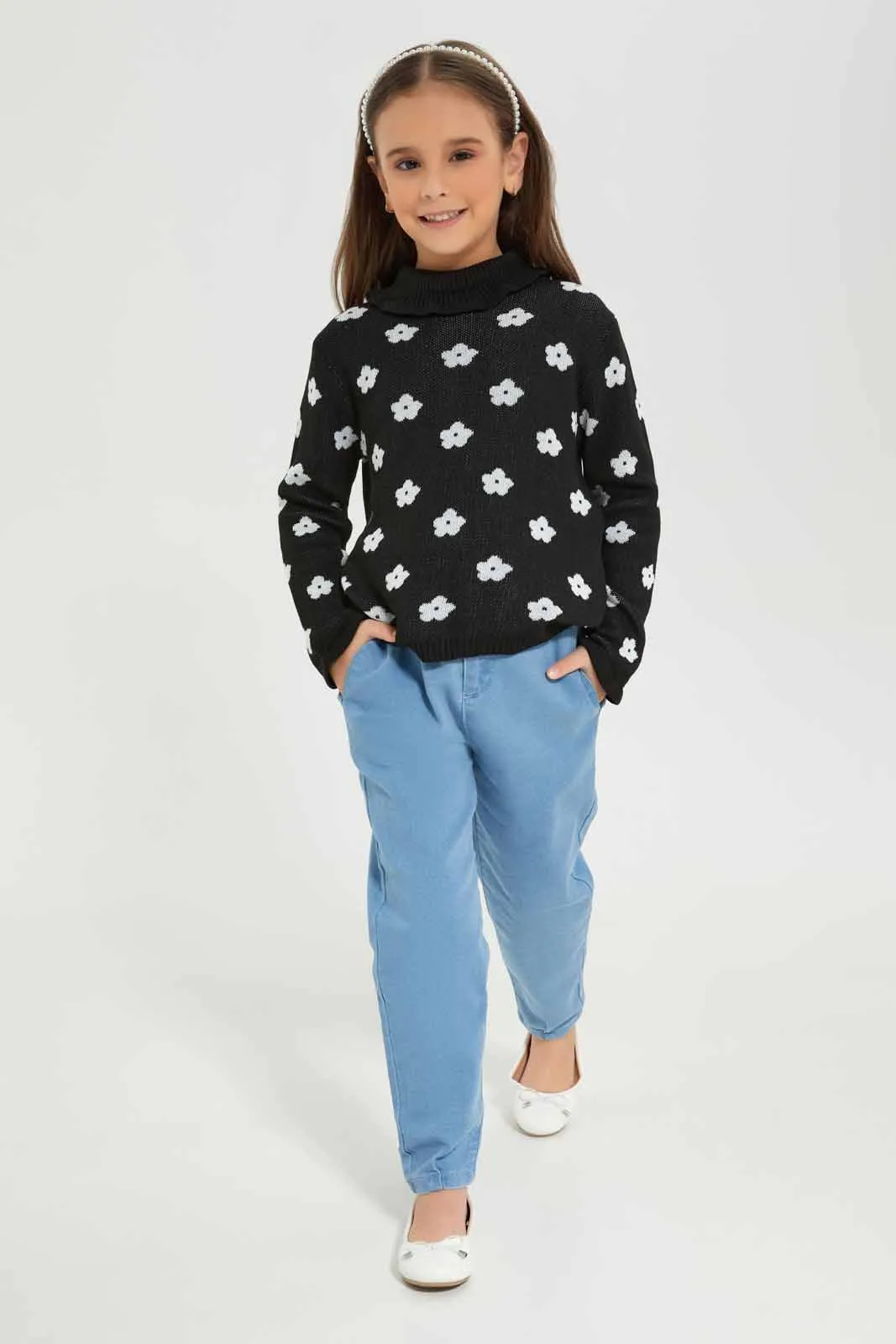 Girls Balck Floral Turtleneck Pullover