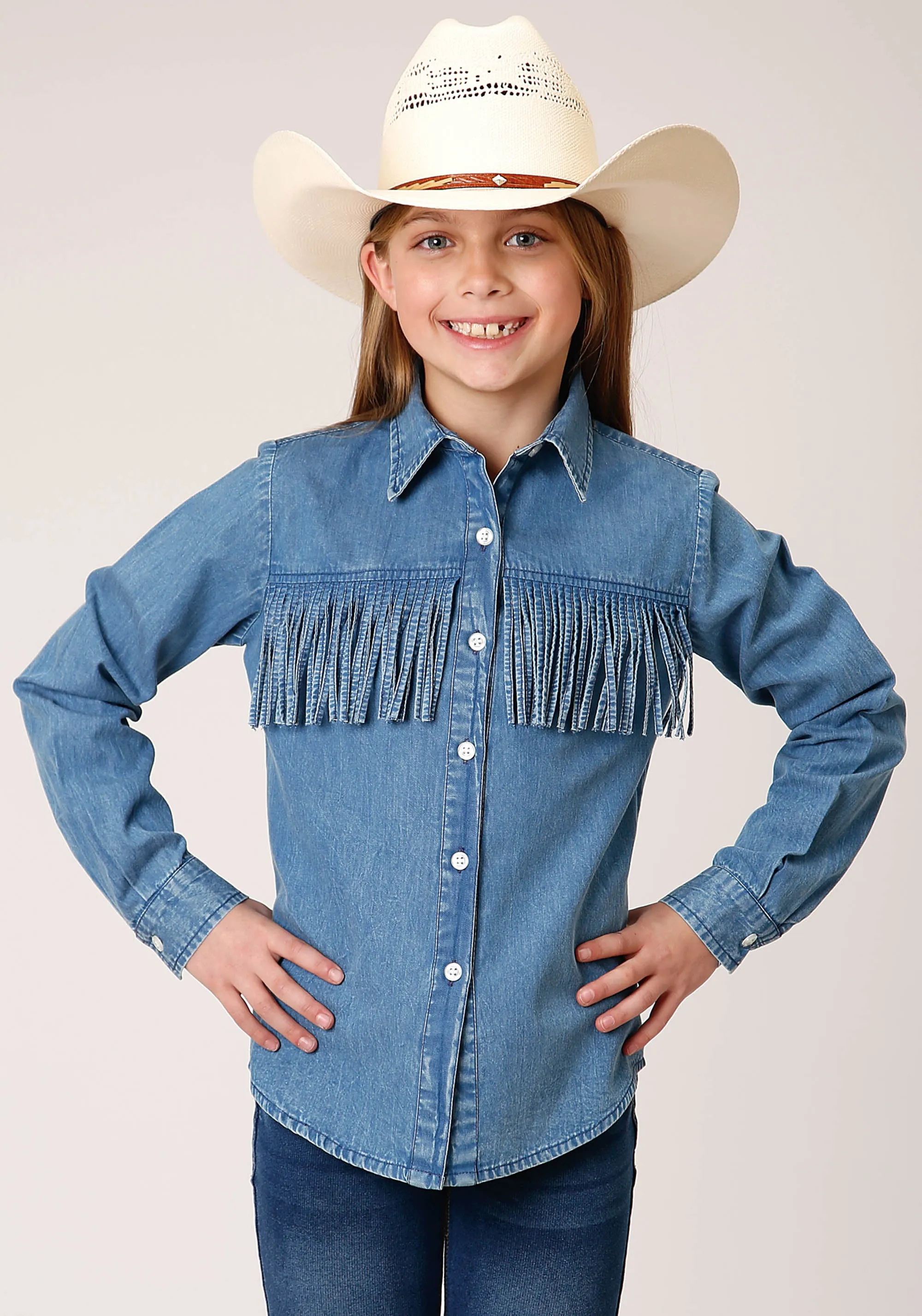 GIRLS LONG SLEEVE SNAP MEDIUM BLUE DENIM WESTERN SHIRT