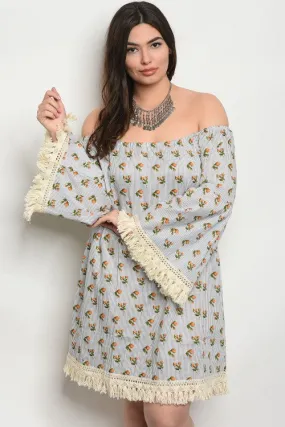 Gray Floral Stripe Off Shoulder Plus Size Tunic Dress