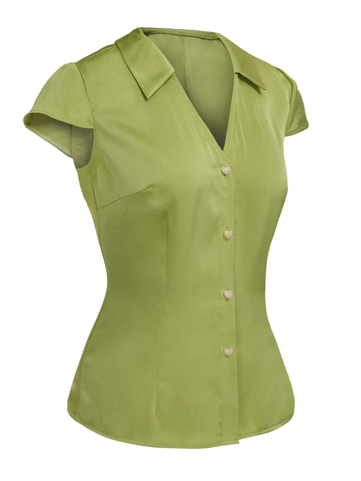 Green 1940s Satin V-Neck Buttons Shirt