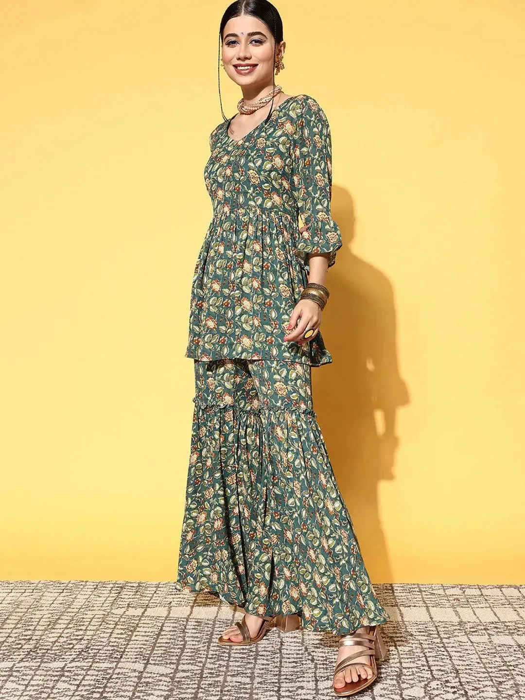 Green Printed Georgette Anarkali Kurta With Sharara